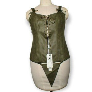 Renaissance Vintage Style Lace Up Bustier Olive Green Corset W/Thong XXL NWT